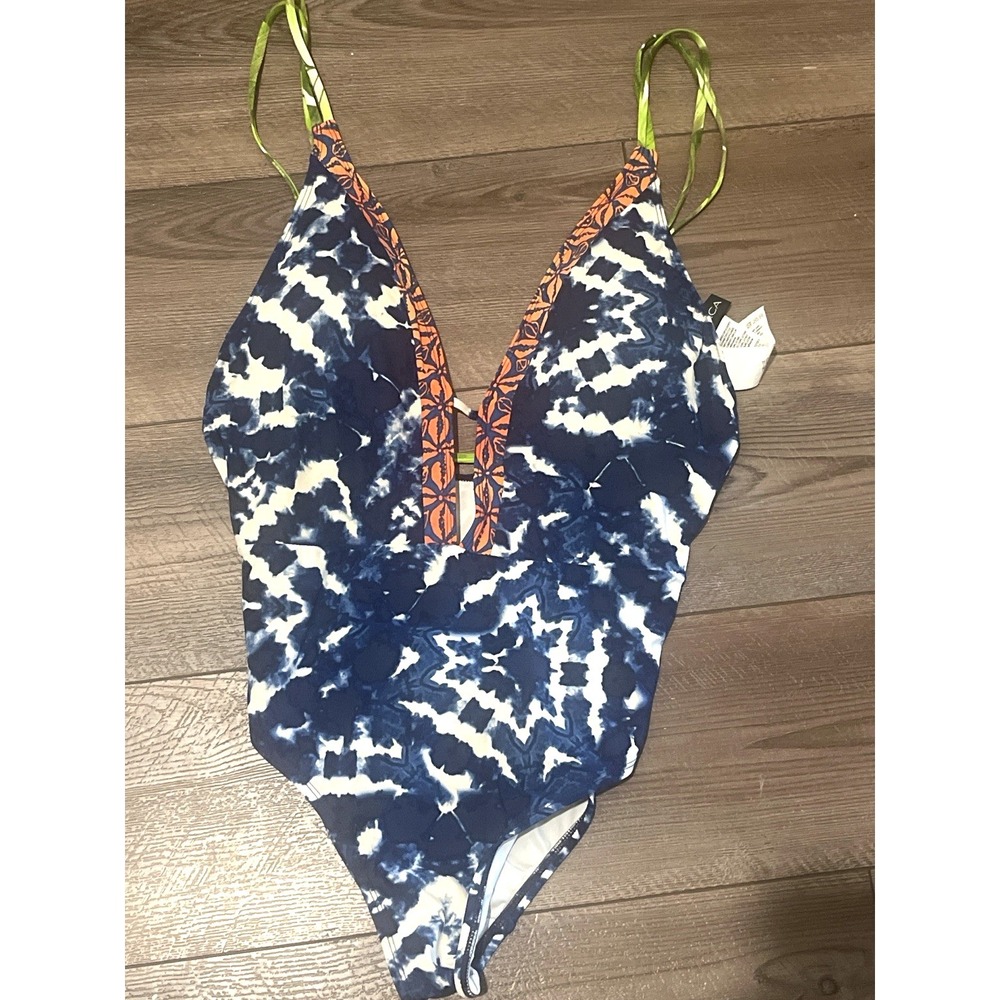 La Blanca Women's Size 12 Blue Tie Dye Plunge One Piece Swimsuit Strappy Back
